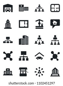 Set of vector isolated black icon - hierarchy vector, well, molecule, hospital, office building, garage, plan, home message