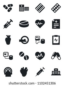 Set of vector isolated black icon - heart pulse vector, diagnosis, syringe, blood pressure, pills, blister, tomography, real, clipboard, hospital