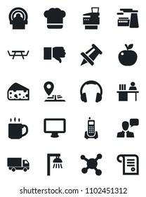 Set of vector isolated black icon - drawing pin vector, factory, picnic table, tomography, molecule, navigation, office phone, car delivery, speaker, headphones, monitor, finger down, coffee, copier