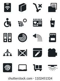 Set of vector isolated black icon - radar vector, office binder, watering, disabled, medical calendar, container, folder document, cargo, no trolley, video camera, sd, notes, fingerprint id