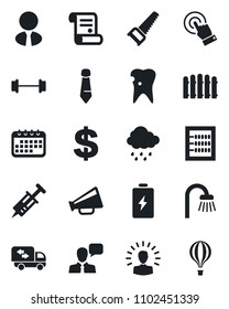 Set of vector isolated black icon - dollar sign vector, tie, contract, fence, saw, rain, syringe, barbell, caries, loudspeaker, touch screen, speaker, abacus, estate agent, bathroom, moving, battery