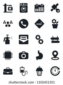 Set of vector isolated black icon - phone vector, smoking place, signpost, washer, case, calendar, flower in pot, garden sprayer, dropper, stomach, satellite, camera, mail, tag, crane, chip, gear