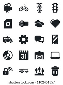 Set of vector isolated black icon - airport bus vector, clouds, mobile phone, pedestal, circle chart, heart, ambulance car, bike, traffic light, video camera, dialog, settings, calendar, notebook pc