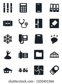 Set of vector isolated black icon - automatic door vector, baggage larry, brainstorm, sproute, greenhouse, stethoscope, office phone, settings, back, folder, notes, application, calculator, fridge
