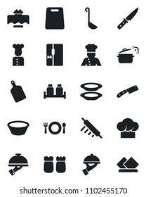 Set of vector isolated black icon - fridge vector, cook, restaurant table, cafe, hat, plates, waiter, salt and pepper, ladle, bowl, rolling pin, cutting board, knife, steaming pan, serviette
