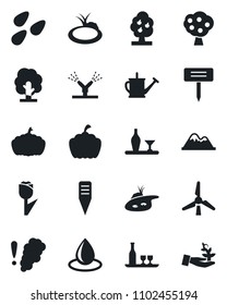 Set of vector isolated black icon - tree vector, watering can, water drop, plant label, pumpkin, seeds, pond, tulip, windmill, fruit, mountains, alcohol, irrigation, smoke detector, palm sproute
