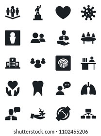 Set of vector isolated black icon - male vector, pedestal, meeting, heart, hand, lungs, tooth, joint, hospital, virus, client, speaker, group, fingerprint id, manager desk, company, palm sproute