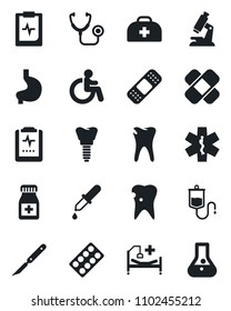Set of vector isolated black icon - disabled vector, doctor case, stethoscope, dropper, microscope, pills bottle, blister, scalpel, patch, ambulance star, hospital bed, stomach, caries, implant