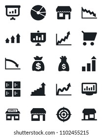 Set of vector isolated black icon - shop vector, checkroom, growth statistic, money bag, store, monitor statistics, pie graph, target, arrow up, crisis, cart, presentation, storefront