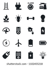 Set of vector isolated black icon - bulb vector, factory, ripper, ladder, fire, barbell, remote control, low battery, rca, charge, home, power plug, windmill, alarm led, idea