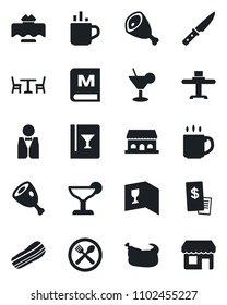 Set of vector isolated black icon - hot cup vector, cafe, coffee, waiter, restaurant table, wine card, menu, cocktail, bacon, building, receipt, chicken, ham, knife, storefront