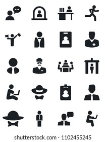 Set of vector isolated black icon - dispatcher vector, security gate, reception, manager, run, doctor, speaker, identity card, desk, meeting, estate agent, waiter, dress code, pass