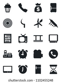 Set of vector isolated black icon - alarm clock vector, phone, abacus, money bag, sickle, film frame, vinyl, tv, video camera, call, office, rolling pin, outdoor lamp, fridge, windmill, sand