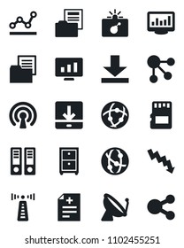 Set of vector isolated black icon - antenna vector, satellite, bomb in case, office binder, crisis graph, statistic monitor, diagnosis, folder document, network, sd, download, statistics, point