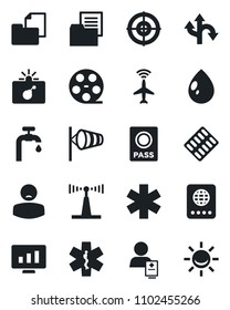 Set of vector isolated black icon - plane radar vector, bomb in case, passport, wind, statistic monitor, water drop, pills blister, ambulance star, patient, route, folder document, reel, antenna