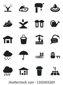 Set of vector isolated black icon - watering can vector, bucket, rain, well, hose, sea shipping, port, umbrella, warehouse, pond, pool, water supply, irrigation, filter, warm floor