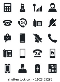 Set of vector isolated black icon - mobile phone vector, office, 24 hours, support, tracking, back, call, mute, cellular signal, charge, home control app, combination lock