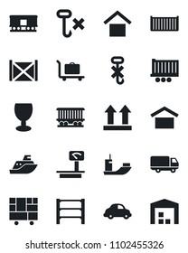 Set of vector isolated black icon - baggage trolley vector, railroad, sea shipping, truck trailer, cargo container, car delivery, consolidated, fragile, warehouse storage, up side sign, no hook