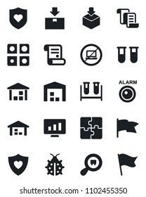 Set of vector isolated black icon - no laptop vector, contract, statistic monitor, lady bug, blood test vial, heart shield, warehouse, package, search cargo, application, alarm led, flag