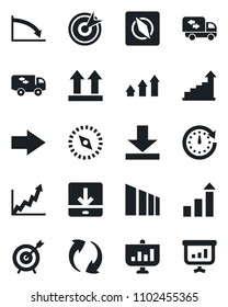 Set of vector isolated black icon - right arrow vector, growth statistic, up side sign, sorting, update, download, compass, moving, target, graph, clock, crisis, presentation