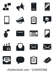 Set of vector isolated black icon - speaking man vector, mail, loudspeaker, cell phone, mobile, message, clipboard, home, schedule