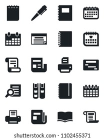 Set of vector isolated black icon - book vector, document search, pen, notepad, calendar, printer, contract, medical, news, copybook, schedule