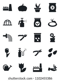 Set of vector isolated black icon - seedling vector, watering can, pruner, pumpkin, greenhouse, seeds, pond, garden sprayer, fertilizer, tulip, flower in pot, factory, palm sproute