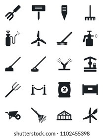 Set of vector isolated black icon - fence vector, garden fork, farm, rake, wheelbarrow, well, hoe, plant label, greenhouse, sprayer, fertilizer, windmill, irrigation