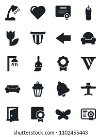 Set of vector isolated black icon - left arrow vector, pennant, butterfly, heart, tulip, themes, bell, sertificate, desk lamp, cushioned furniture, restaurant table, candle, outdoor, door, pennon