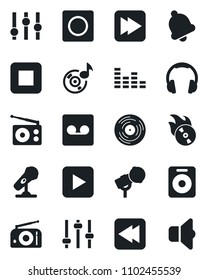 Set of vector isolated black icon - vinyl vector, flame disk, microphone, radio, settings, equalizer, headphones, speaker, play button, stop, fast forward, rewind, tuning, bell, record, music, sound