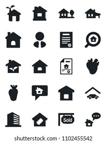 Set of vector isolated black icon - office building vector, house, real heart, contract, with garage, tree, estate document, sold signboard, search, agent, smart home, eco, message