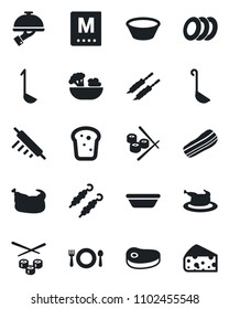 Set of vector isolated black icon - cafe vector, menu, salad, plates, bacon, waiter, bread, chicken, steak, kebab, ladle, bowl, rolling pin, sushi, cheese