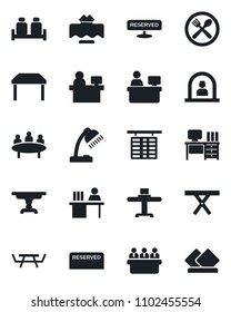 Set of vector isolated black icon - reception vector, flight table, desk, meeting, manager place, picnic, lamp, restaurant, cafe, reserved, salt and pepper, serviette