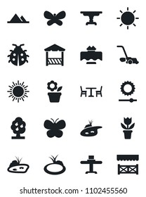 Set of vector isolated black icon - cafe vector, sun, flower in pot, lawn mower, butterfly, lady bug, pond, brightness, fruit tree, mountains, table, restaurant, alcove