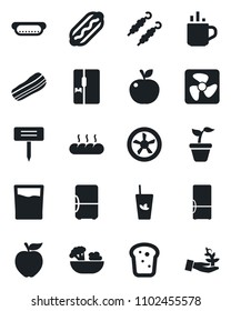 Set of vector isolated black icon - hot cup vector, seedling, plant label, fridge, drink, phyto bar, salad, bacon, bread, kebab, dog, apple fruit, fan, palm sproute