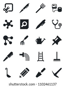 Set of vector isolated black icon - document search vector, pen, pencil, trowel, garden fork, farm, rake, ladder, watering can, stethoscope, blood pressure, share, cut, drawing pin, ladle, hard work