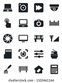 Set of vector isolated black icon - notebook pc vector, garden fork, bench, barcode, camera, touch screen, monitor, laptop, fast forward, mobile, tuning, sd, eye id, cellular signal, copier