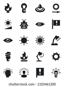 Set of vector isolated black icon - sun vector, bulb, lady bug, fire, eye, important flag, brightness, desk lamp, water, energy saving, shining head, idea