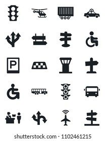 Set of vector isolated black icon - airport tower vector, plane radar, taxi, bus, parking, passport control, signpost, alarm car, helicopter, disabled, route, traffic light, truck trailer, guidepost