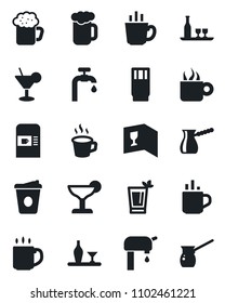 Set of vector isolated black icon - hot cup vector, coffee machine, water supply, alcohol, wine card, drink, cocktail, phyto bar, beer, turkish
