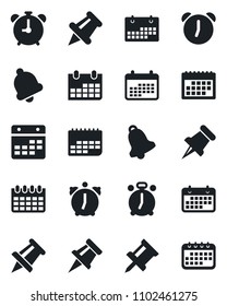 Set of vector isolated black icon - alarm clock vector, drawing pin, calendar, term, paper, bell