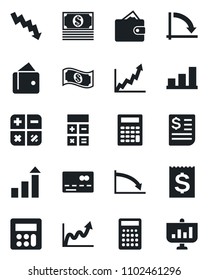 Set of vector isolated black icon - credit card vector, growth statistic, calculator, crisis graph, receipt, bar, wallet, cash, presentation
