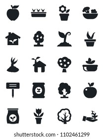 Set of vector isolated black icon - flower in pot vector, seedling, tree, sproute, plant label, fertilizer, fruit, salad, apple, eco house, palm