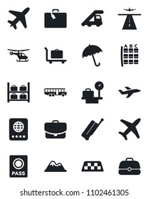 Set of vector isolated black icon - plane vector, runway, taxi, suitcase, baggage trolley, airport bus, umbrella, passport, ladder car, helicopter, seat map, luggage storage, scales, mountains, case