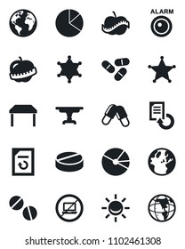 Set of vector isolated black icon - no laptop vector, document reload, pills, diet, earth, pie graph, table, police, alarm led