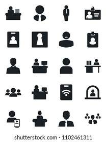 Set of vector isolated black icon - female vector, reception, manager, identity card, place, patient, user, desk, estate agent, pass, group