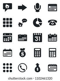Set of vector isolated black icon - right arrow vector, calendar, circle chart, microphone, menu, calculator, phone, home message, money bag