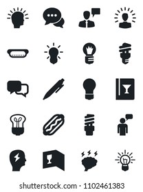 Set of vector isolated black icon - speaking man vector, pen, brainstorm, bulb, dialog, wine card, hot dog, energy saving, shining head, idea