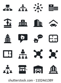 Set of vector isolated black icon - hierarchy vector, well, molecule, hospital, office building, garage, plan, home message