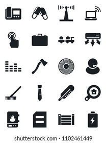 Set of vector isolated black icon - wireless notebook vector, baggage larry, case, document, rake, axe, thermometer, pills, support, container, vinyl, antenna, equalizer, touch screen, tie, battery